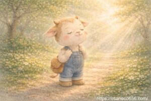 朝のやわらかな光を浴びて目を閉じ、穏やかな気持ちになるうしくんのイラスト