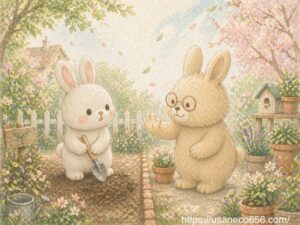 土用の時期に庭の土を掘ろうとするこまちちゃんを、よしのおばあちゃんがやさしく止めている風水絵本風イラスト