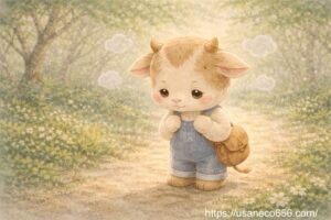 やさしの森の小道で、不安そうにうつむくうしくんのイラスト