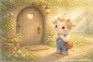 新しい一歩に不安を感じながらも玄関前で立つうしくん。