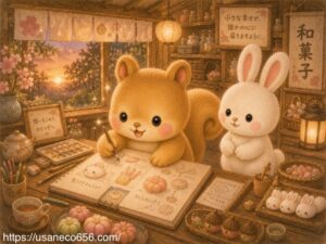 夕暮れの和菓子屋さんで新作和菓子のスケッチを描きながら目を輝かせるムッタちゃんと、優しく見守るこまちちゃんの温かな絵本風イラスト