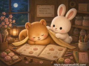和菓子作りのアイデアを書きながら机で眠ってしまったムッタちゃんに、こまちちゃんが黄色いブランケットをかけてあげる心温まる絵本風イラスト