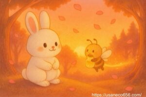 夕暮れの森。ミーミちゃんが光る瓶を持って飛び立つ。背景にはオレンジとピンクの空、こまちちゃんが微笑んで見送る。