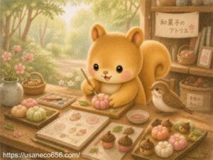 リスのムッタちゃんが森の小さな机で和菓子作りを試作し、練り切りやどんぐり和菓子、色見本を並べながら夢中でアイデアを考える温かな絵本風イラスト