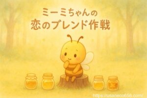 みつばちのミーミちゃんが切り株の上で恋の香りのハチミツを選んでいるイラスト|やさしの森の朝の風景