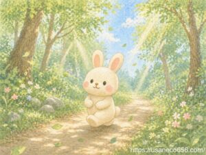 こまちちゃんが森の小道を歩き自然の気が流れる開運スポットを感じる絵本風イラスト