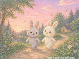 こまちちゃんと元気になっためいたくんが森の帰り道を歩く心あたたまる絵本風イラスト