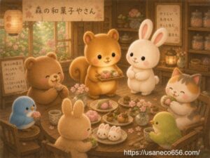 やさしの森の仲間たちがムッタちゃんの和菓子を食べて笑顔になっている心温まる絵本風イラスト