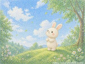 こまちちゃんが丘の上で広い空を見上げ自然のエネルギーを感じる癒しの絵本風イラスト