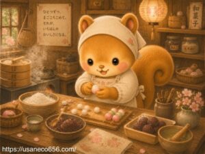 割烹着姿で和菓子のお団子を丁寧に作るムッタちゃんを描いたあたたかい絵本風イラスト