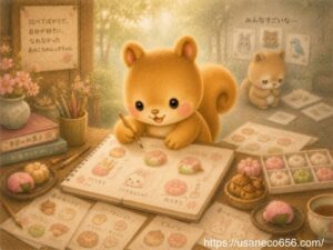 和菓子のアイデア帳に夢中で絵を描くリスのムッタちゃんと、遠くで他人と比べて悩んでいた昔の自分を描いた成長と癒しの絵本風イラスト