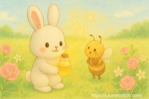 朝の花畑。こまちちゃん(ふわふわの白うさぎ)がミーミちゃん(小さなミツバチ)に香りの瓶を見せながら微笑む。背景は淡いピンクとゴールドの花々。