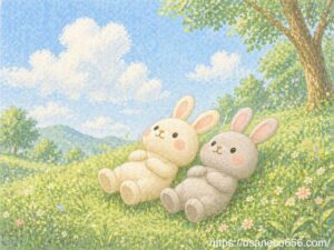 こまちちゃんとめいたくんが芝生に寝転び雲を見ながら何もしない時間を楽しむ癒しの絵本風イラスト