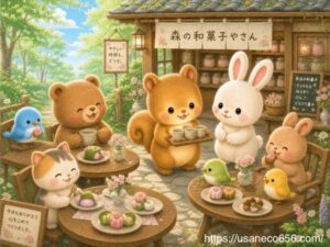 森の和菓子屋さんの外カフェで仲間たちが和菓子を楽しみ、ムッタちゃんがお茶を運んでいる心温まる絵本風イラスト