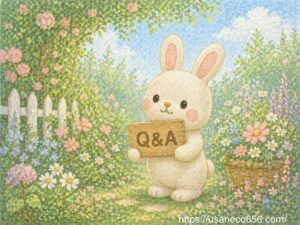 こまちちゃんがQ&Aの木の看板を持って花の庭で微笑むかわいい絵本風イラスト