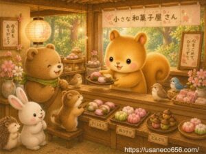 森の小さな和菓子屋さんでムッタちゃんが小鳥やくまのお客さんに桜餅や練り切りを手渡し、みんなが笑顔になる心温まる絵本風イラスト