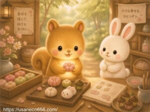完成した美しい和菓子を見つめて優しく微笑むリスのムッタちゃんと、後ろで見守る白うさぎのこまちちゃんを描いた自信と成長の絵本風イラスト