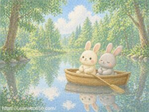 こまちちゃんとめいたくんが静かな湖で小さなボートに乗り自然の水の気で癒される絵本風イラスト