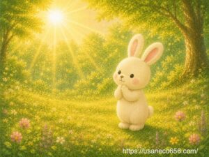 夏至の太陽に感謝して手を合わせるこまちちゃんと光に包まれた森の絵本風イラスト