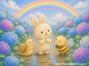虹の下で仲直りをしたカタツムリさんとみつばちのみっちゃんを見守るこまちちゃん