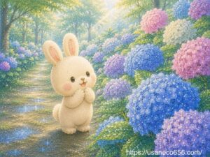 青や紫やピンクや白のあじさいを見つめながら季節の美しさを感じるこまちちゃん