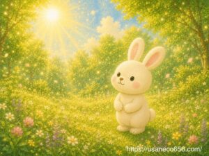 一年で最も昼が長い夏至の日に高く輝く太陽を見上げる白うさぎのこまちちゃんの絵本風イラスト