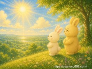 夏至の光が降り注ぐ森で太陽を見上げるこまちちゃんとよしのおばあちゃんの絵本風イラスト
