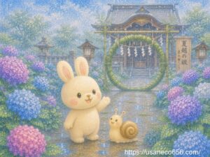 あじさいと神社の茅の輪を眺めるこまちちゃんとカタツムリさんの初夏の風景