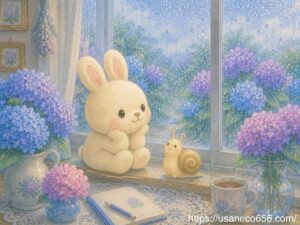 梅雨の雨を眺めながら心を整えるこまちちゃんとあじさいの風景