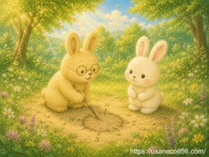 夏至の仕組みを森の中で説明するよしのおばあちゃんと学ぶこまちちゃんの絵本風イラスト
