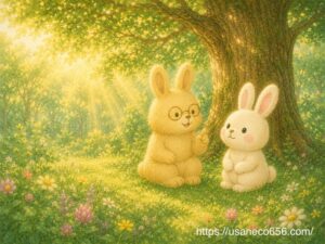 木陰で夏至について優しく教えるよしのおばあちゃんと話を聞くこまちちゃんの絵本風イラスト