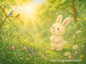 夏至の朝に朝露が輝く森でいつもより明るい光に驚くこまちちゃんの絵本風イラスト