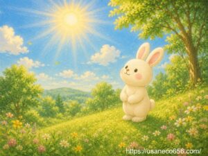 太陽の陽の気に包まれた森で光を浴びるこまちちゃんの風水をテーマにした絵本風イラスト