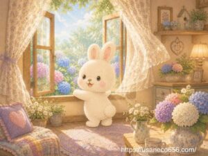 朝の光を部屋に取り入れるため窓を開けるこまちちゃんの風水習慣を描いた絵本風イラスト