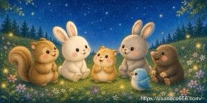 花火のあとみんなと過ごせた喜びを語るハムちゃんと優しく見守るこまちちゃん