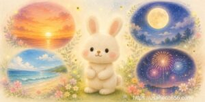 美しい夕焼けや満月や花火に囲まれて読者に語りかけるこまちちゃん