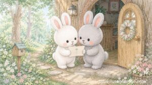 謎の手紙を手にしたこまちちゃんのもとへ、灰色うさぎのめいたくんがやってきて、一緒に手紙を読んでいる、やさしの森の絵本風イラスト