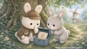 迷探偵こまちちゃんとめいたくんが大きな木の根元で青い箱を開き、中に入った次の手がかりを見つける絵本風イラスト