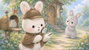 迷探偵こまちちゃんが郵便受けの下で見つけた一本の灰色の毛を虫眼鏡で調べ、めいたくんを見つめる絵本風イラスト