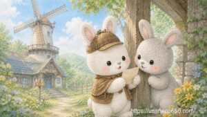 風車小屋の柱の裏に隠された小さな紙を、迷探偵こまちちゃんが見つけてめいたくんと調べている絵本風イラスト