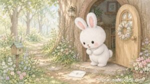 小さな木の家の玄関前に置かれた謎の白い封筒を、こまちちゃんが不思議そうに見つめている絵本風イラスト