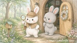 探偵帽とケープを身につけた迷探偵こまちちゃんが虫眼鏡を持って胸を張り、めいたくんが隣で見守っている絵本風イラスト