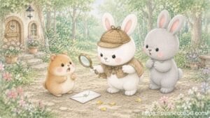 迷探偵こまちちゃんが虫眼鏡を持ってハムちゃんを調べ、ハムちゃんが驚いているやさしの森の絵本風イラスト