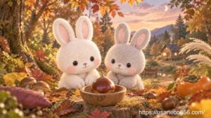 秋の実りが入った木の器の栗を眺めるこまちちゃんとめいたくん。十三夜の月が見えるやさしの森の秋の風景