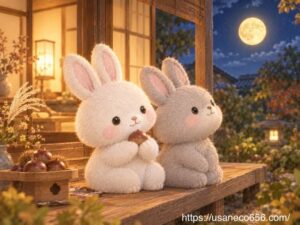 十三夜の夜、縁側で栗を手にしながら月を眺めるこまちちゃんとめいたくん