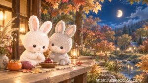 十三夜の夜、栗ひとつを前にして感謝するこまちちゃんとめいたくん。秋の実りと月を眺めるやさしの森の風景