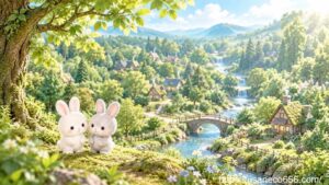緑豊かなやさしの森を見渡す丘で、こまちちゃんとめいたくんが穏やかな景色を眺めている