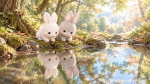 澄んだ小川に映る古い木々と自分たちの姿を見つめ、昔から続く森のつながりを感じるこまちちゃんとめいたくん