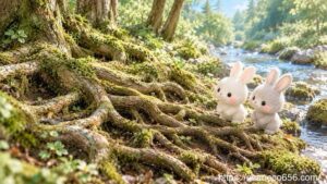 複雑に交わる木の根を見つめ、遠いご先祖様から続く命のつながりを考えるこまちちゃんとめいたくん