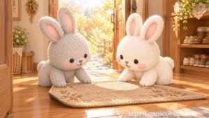 こまちちゃんとめいたくんが、清潔にしたベージュ色の玄関マットを玄関に敷いているイラスト